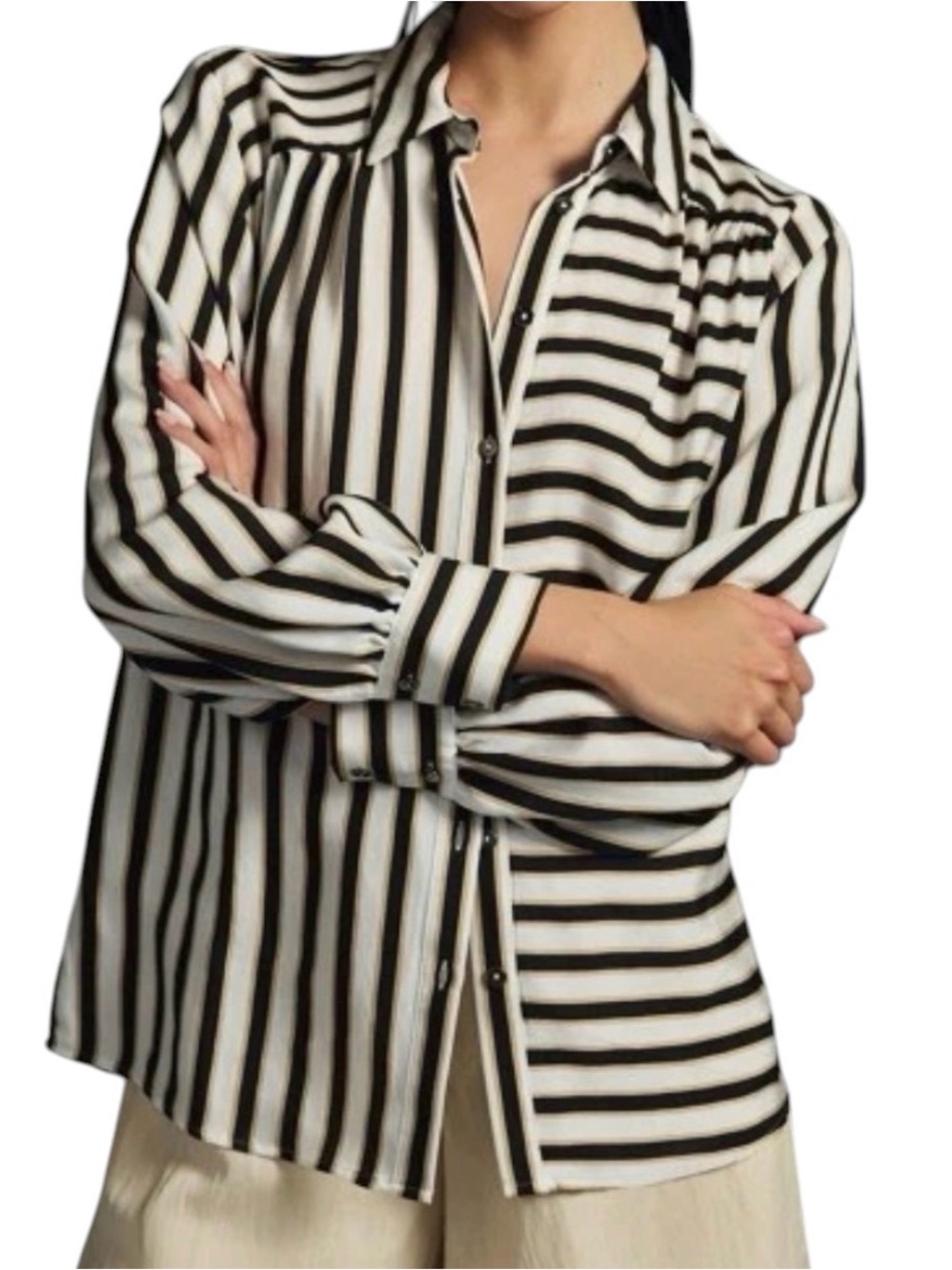 Anthropologie Black and White Vertical Stripe Button-Down Shirt